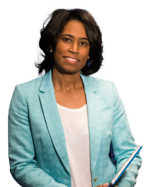 Woman with short dark brown hair wearing an aquamarine coat over a white shirt holding a tablet on her left arm