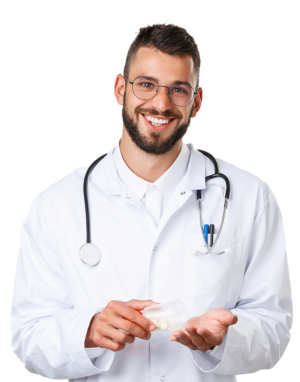 Young man with short brown hair and a short beard and mustache wearing a white nurse's coat with a stethoscope hanging around his neck pouring pills from a container on his right hand onto his left hand