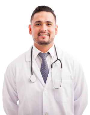 Young man with short hair and vey short beard and mustache wearing a white lab coat over a white dress shirt and blue tie with a stethoscope hanging around his neck