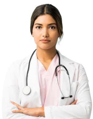 Woman with brown hair wearing a white nurse's coat over some pink scrubs with a stethoscope around her neck crossing her arms