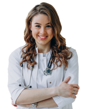 Woman with long curly hair wearing a white nurse's coat with a stethoscope hanging around her neck crossing her arms and a silver watch is on her left arm