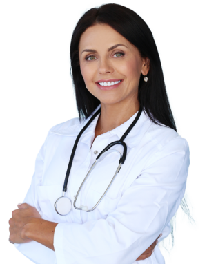 Woman with long black hair wearing a nurse's coat with a stethoscope hanging around her neck crossing her arms