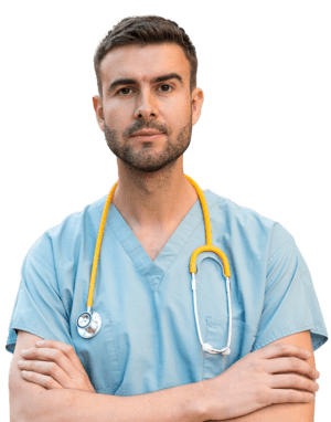 Young man with short hair wearing light blue scrubs with a yellow stethoscope hanging around his neck crossing his arms