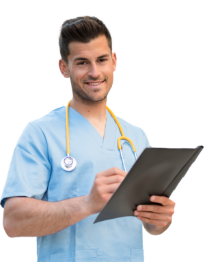 Young man with medium-length wavy hair wearing light blue scrubs with a yellow stethoscope hanging around his neck holding a black notebook on his left hand and writing on it with his right hand