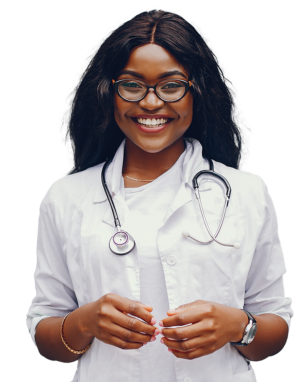 Young woman with long hair and round brown glasses wearing a white nurse's coat over a white shirt with a stethoscope hanging around her neck; a golden bracelet on her right arm and a silver watch with black straps on her left arm