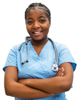 Young woman with short black hair wearing blue scrubs with a stethoscope hanging around her neck crossing her arms