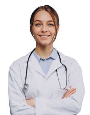 Young woman with brown hair wearing a white nurse's coat over a light blue dress shirt with a stethoscope hanging around her neck crossing her arms