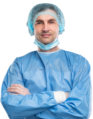 young man wearing hair cap with blue face mask pullde down wearing blue scrubs and translucent gloves while crossing his arms