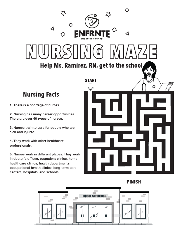 nurse in front of an interactive maze on top of a high school