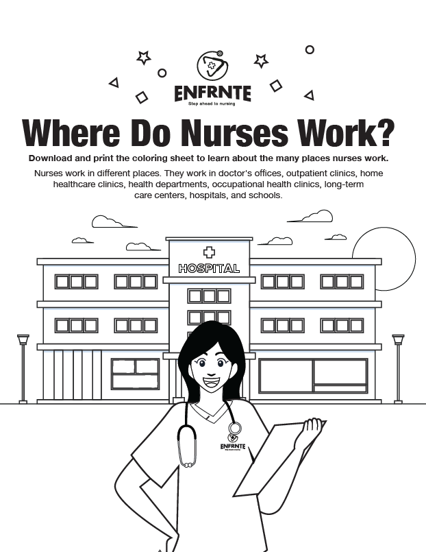 Nurse with black hair holding a clipboard in front of a hospital