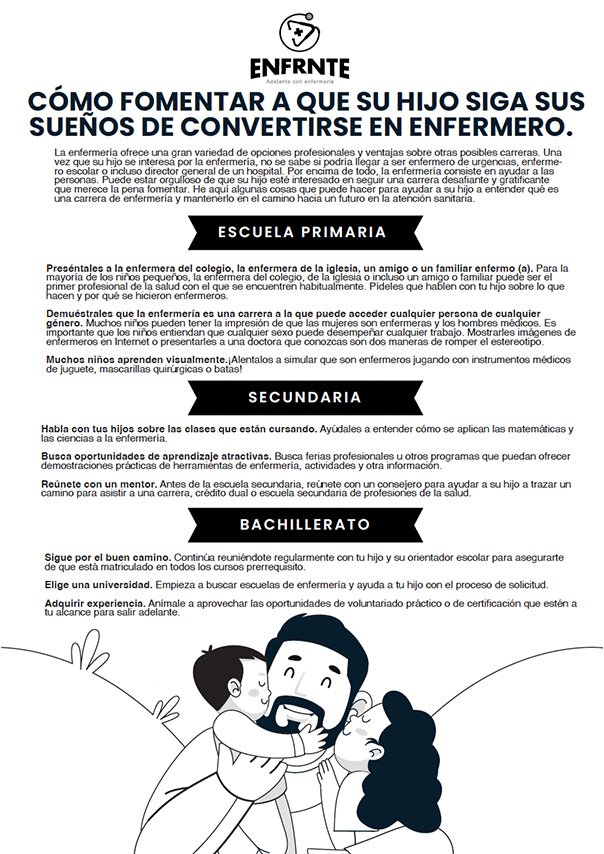 padre sosteniendo a sus dos hijos cerca de su cara con los tres cerrando los ojos y sonriendo junto con un texto que indica câ”œâ”‚mo los padres deben ayudar a sus hijos a ingresar a la escuela de enfermerâ”œÂ¡a e indica que abra la imagen para descargar el archivo
